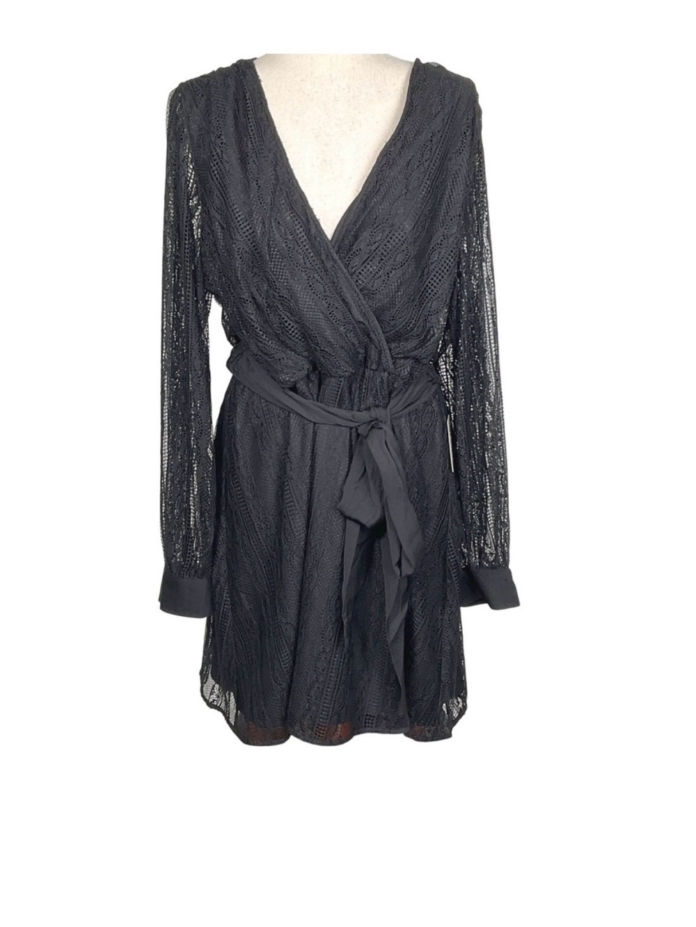 Black Lace Faux Wrap Dress with Waist Tie